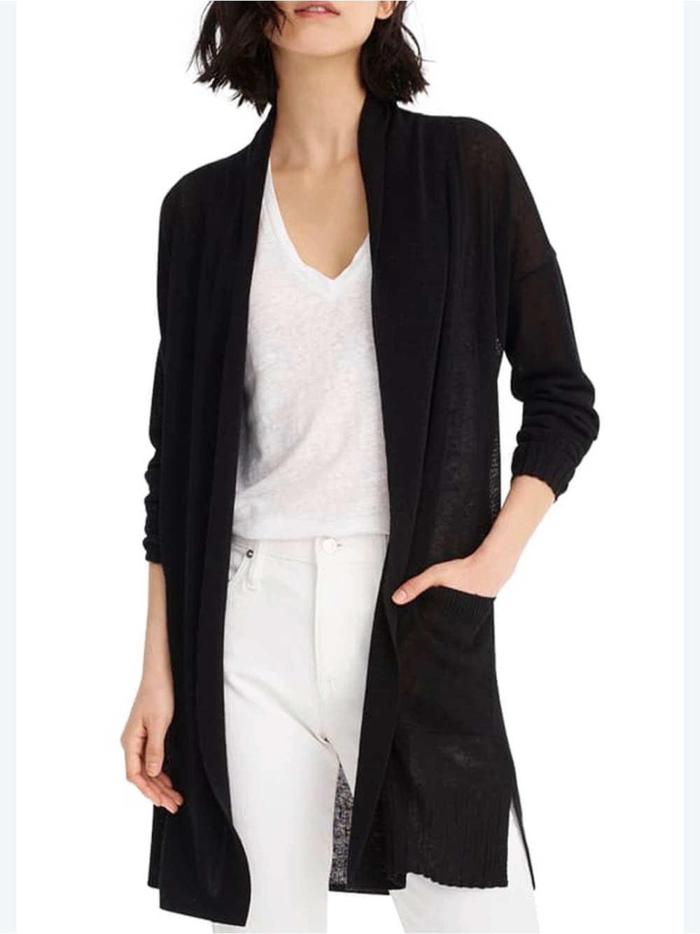 J.Jill Linen Blend Long Cardigan S Black Open Front Pockets Lightweight